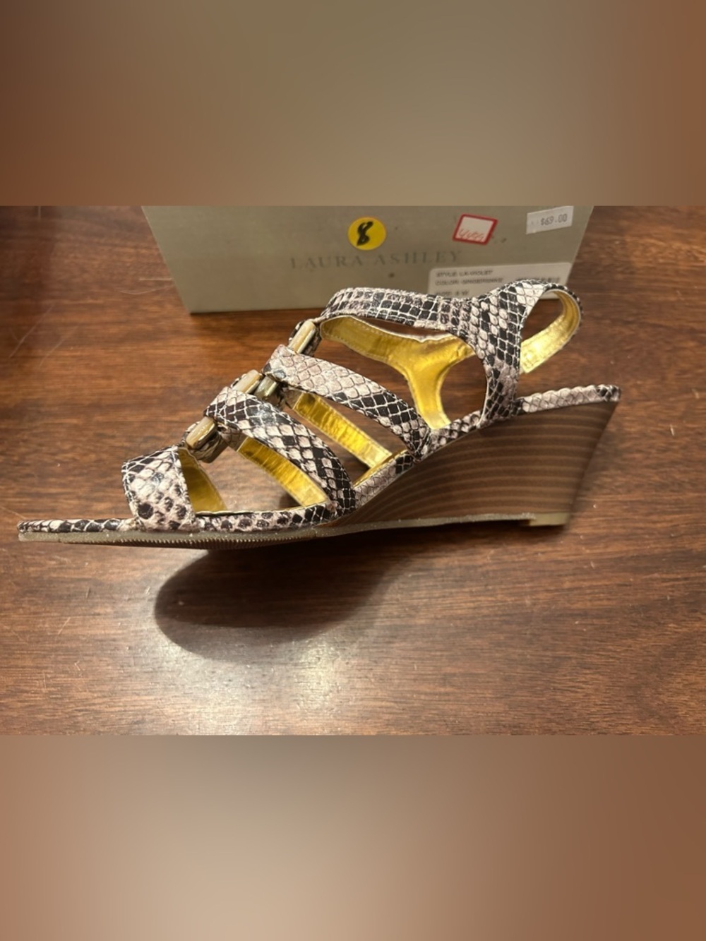 Laura Ashley Taupe Snake-Print Strappy Heels with Gold Insole - Picture 3 of 3